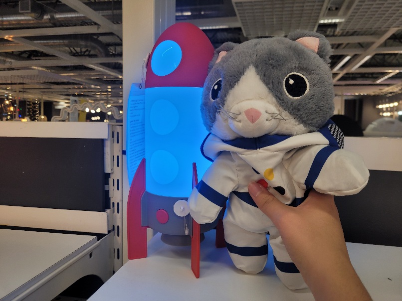 my sibling holding the ikea astronaut cat plush next to a rocket ship light